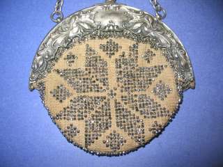   VICTORIAN SILVER FRAME CUT STEEL BEADED LEATHER DANCE CHATELAINE PURSE