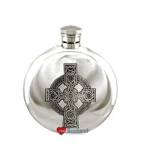  Hip Flask Round 6oz Pewter Celtic Ornate Cross