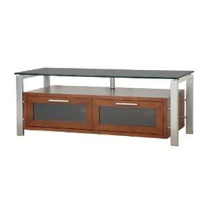   Walnut with Silver Metal and Black Glass TV Stand