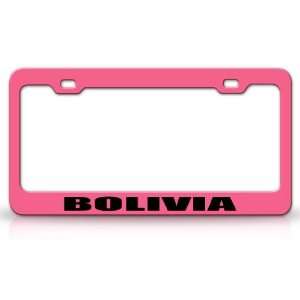 BOLIVIA Country Steel Auto License Plate Frame Tag Holder, Pink/Black