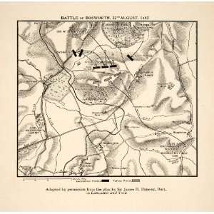  1914 Wood Engraved Map Battle Bosworth Field War Roses Civil War 