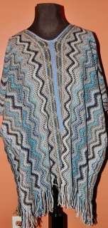 NEW MISSONI BLUE MULTI COLOR WOOL ZIGZAG PONCHO SCARF SWEATER WRAP S M 