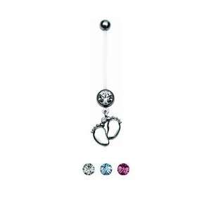 Bioflex Pregnancy Belly Ring with Footprint Dangle and Clear Crystals 