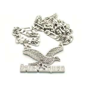 Small Iced Out Silver Brick Squad Pendant with a 24 Inch Figaro Chain 