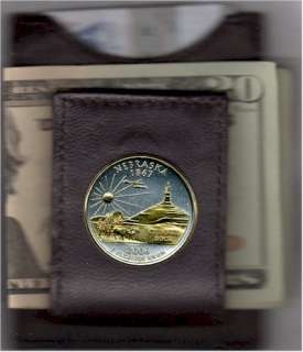 Gold on Silver Nebraska Statehood Quarter in a Folding Leather Money 
