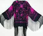 Embroidered Silk Fringe Jacket Kimono Black & Fuchsia Short Maya 