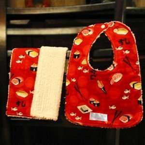  Red Sushi and Chenille Bib and Burp Cloth Set Baby
