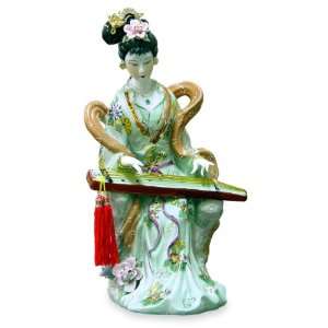   Chinese Porcelain Doll   Playing Gu Zheng, Light Teal