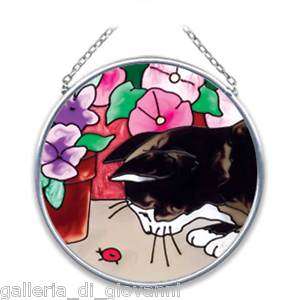 Garden Cat SUNCATCHER Stained Glass Black Kitty  