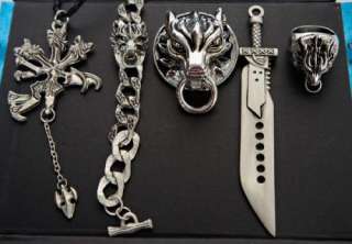 5PCS Set Final Fantasy 7 Cloud Strife Wolf Blade Ring Bracelet Pendant 