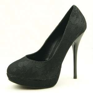 Black Lace Stiletto Pumps, High Heel Low Platform Womens Shoes, 8US 