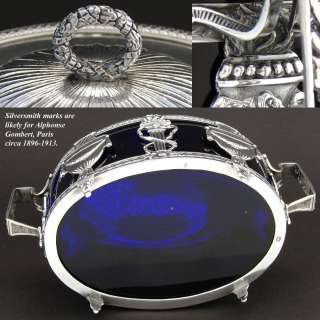 Antique French Empire Style Sterling Silver & Cobalt Glass Sugar Bowl 