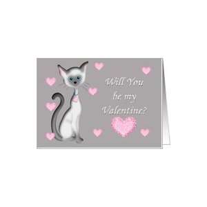  Siamese Cat Valentine, Siamese cat with pink hearts Card 