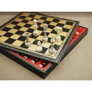   Chess Set & Black/Gold Leather Chess Board/Chest 