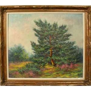 Vintage Dutch Large Gilded Art Oil on Canvas Framed Painting Trees 