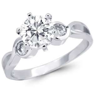 14k Solid White Gold CZ Cubic Zirconia Engagement Ring Three Stone 