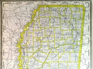 Antique 1890 Map Of Mississippi w/Railroad Legend  