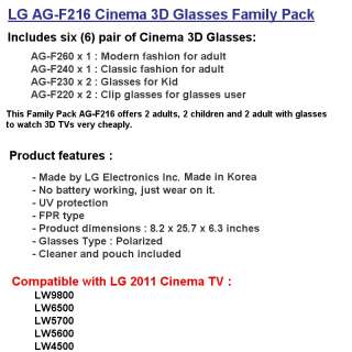 LG AG F216 Cinema 3D Glasses Family Pack 6 Pairs of AG F220, 230, 240 
