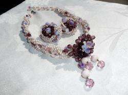 LARGE Vintage PURPLE PINK Opalescent ART GLASS Necklace set WESTERN 