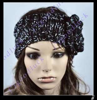 100% Handmade Knit Head Wrap Headband Crochet Flower Black  