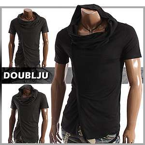 doublju Mens Shirring Hood T Shirts BLACK/CHARCOAL (ZZ01)  