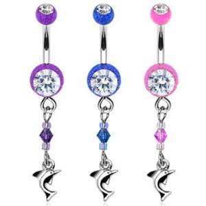  glitter belly ring with dangling stones and dolphin, blue Jewelry