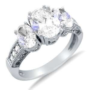 Solid 14k White Gold 3 Three Stone Oval Shape Solitaire with Oval 