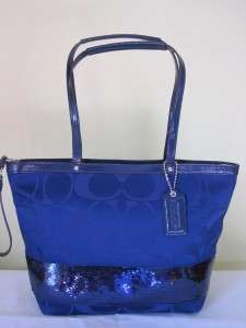 COACH Blue SIGNATURE SEQUINS TOTE Bag Handbag Purse 17574  