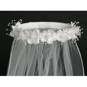  Girls First Communion Veil with Pearl Accents and Flowers 