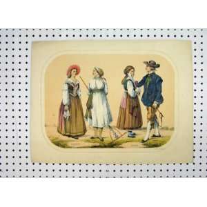  Sweden Costumes C1870 Colour Print Country People Rake 