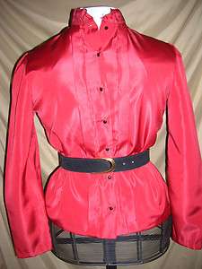 Vintage Swishy Satin Red Tuxedo Blouse M Standing Collar Black Buttons 