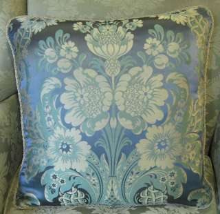 Stunning Slate Blue Antique Silk Brocade Pillow   Large Flowers