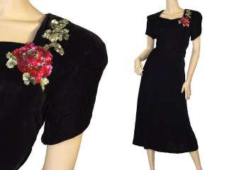   Black Velvet Party Dress W Sequin Detail Sally Salon 1940S  