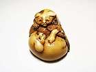RARE Japanese Family of PUPPY DOG and Cat Playing Together Netsuke 