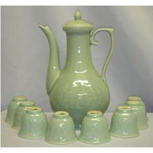 Celadon tea set with 8 cups and one teapot   porcelain 