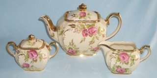 Vintage Sadler England 3 piece Tea Set Teapot Sugar Creamer Pink Roses 