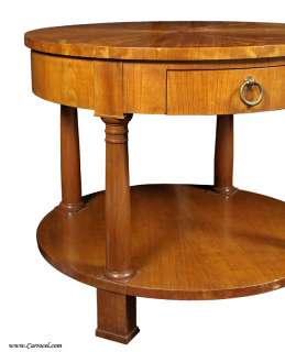 Round Cherry Wood Sunburst Bookmatched Top Neoclassic Sofa End Table 