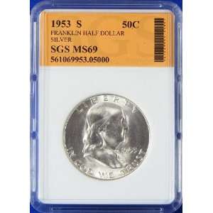  1953 S Silver Franklin Half Dollar   Graded MS69 by SGS 