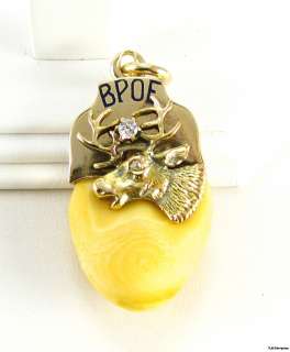 Large Elks BPOE FAUX Tooth   14k Solid Gold Vintage Diamond Fob Charm 