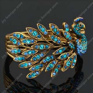 Blue peacock bird feather Swarovski crystal rhinestone gold bracelet 
