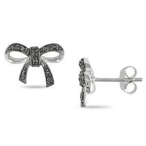  10K White Gold Black Diamond Bow Earrings: Jewelry