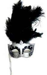 Silver Black Stick Venetian Masquerade Mardi Gras Feather Mask  