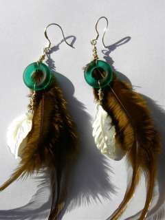 BOHEMIAN 925 SILVER SHELL GLASS FEATHER AND WIRE EARRINGS TEAL AND 