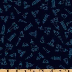  44 Wide Harbor Lights Linework Lighthouses Navy Fabric 