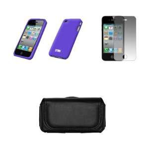 iPhone 4 Black Leather Carrying Case + Purple Case Cover Silicone Skin 