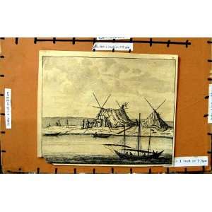  ANTIQUE PRINT CAMP TENTS BOATS PEOPLE SCENE