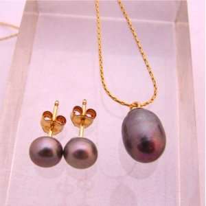   : Grey Pearl Necklace Earrings Set Gold Filled Chain: Everything Else