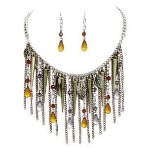 : Charm Statement Necklace Set; 18L; Burnished Gold And Copper Metal 