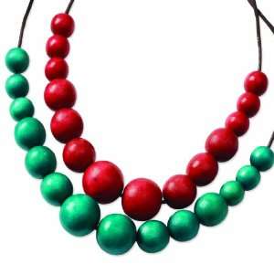   : Silver Tone Red & Teal Hamba Wood Brown Wax Cord Necklace: Jewelry