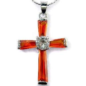 Gorgeous Cross Cut Sterling Silver Simulated Fire Opal Pendant with 18 